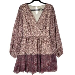 Japna Floral Dress Women's Large Pink Purple Balloon Sleeves Mini Ruffled Boho